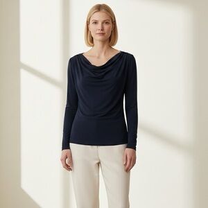 Cleo Navy Blue Long Sleeve Stretch Cowl Neck Dressy Top Shirt size XL New NWT